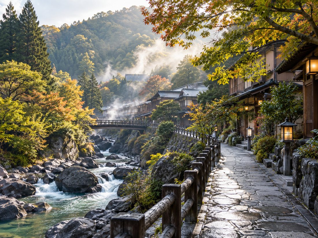 温泉街の自然をイメージした生成写真（実在の場所を撮影したものではありません）